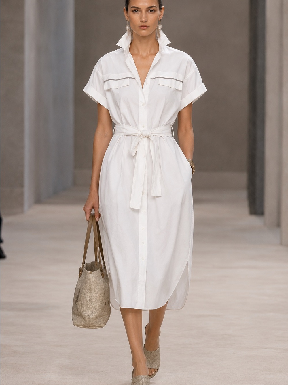 Crisp White Midi Shirt Dress with Self-Tie Belt